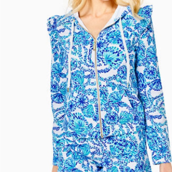 NWT -Lilly Pulitzer-Audrey Zip Up Jacket-M -Turquoise Oasis Shell Me You Love Me - Picture 1 of 3